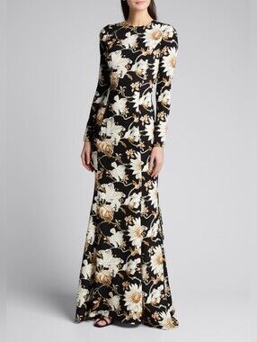 OSCAR DE LA RENTA Long Sleeve Cutout Back Crepe Daisy Print Gown US 14 Org$3,690